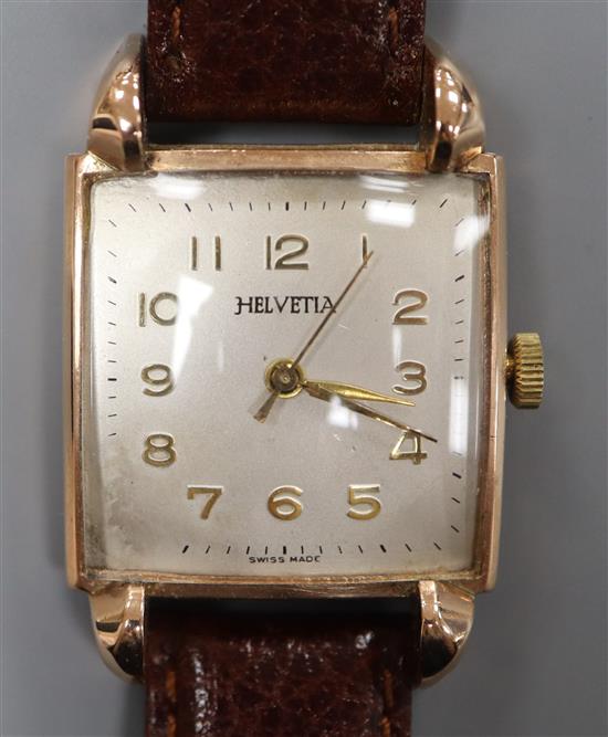 A gentlemans stylish 14k Helvetia manual wind wrist watch, with square Arabic dial and raised lugs,